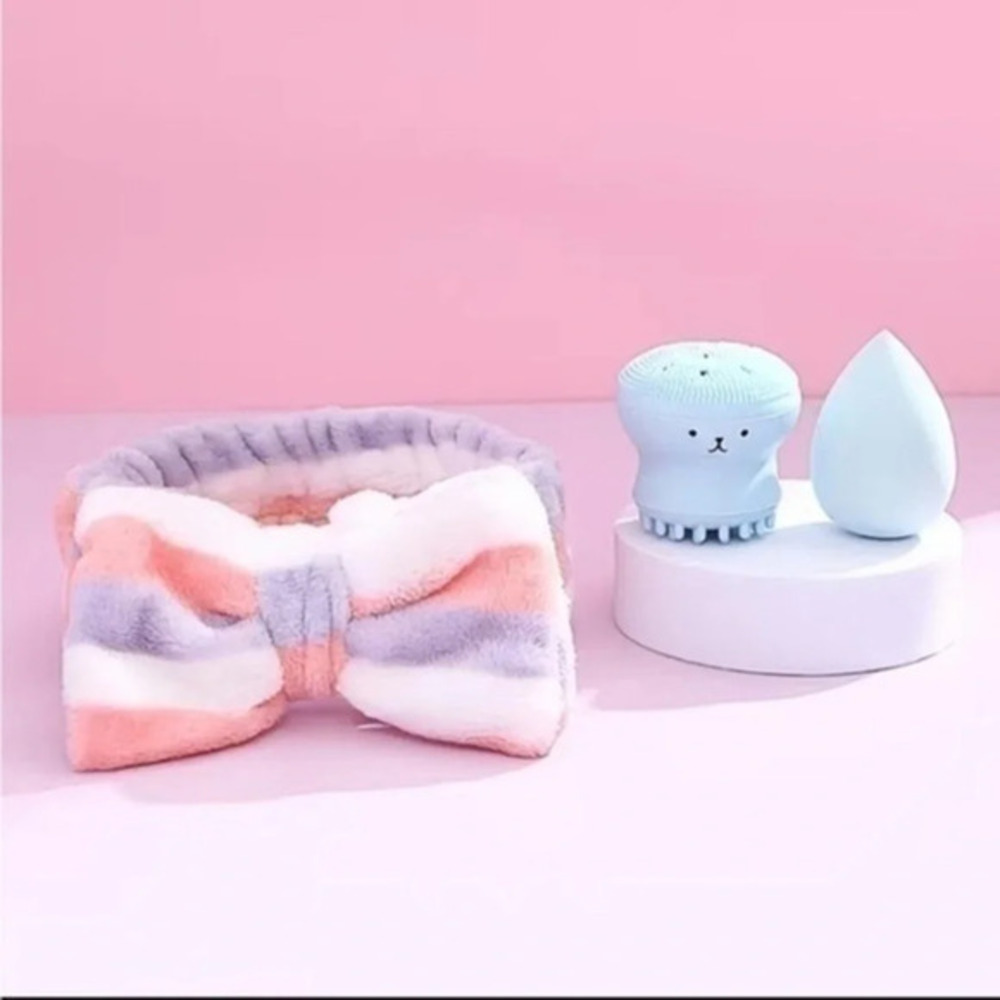 NWT Bow Bath Headband Hair + Makeup Egg + Octopus Facial Brush Set